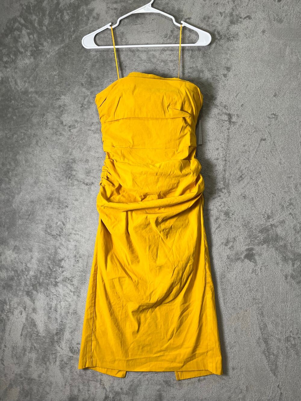 Anthropologie The Soleil Slim Strapless Ruched Dress Mango Yellow Size SP New